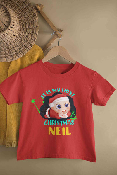 Customized Name It Is My First Christmas Half Sleeves T-Shirt for Boy-FunkyTeesClub