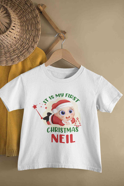 Customized Name It Is My First Christmas Half Sleeves T-Shirt for Boy-FunkyTeesClub