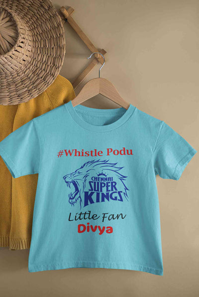 Custom Name IPL CSK Chennai Super Kings Whistle Podu Half Sleeves T-Shirt For Girls -FunkyTeesClub