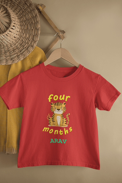 Custom Name Four Months Birthday Half Sleeves T-Shirt for Boys -FunkyTeesClub