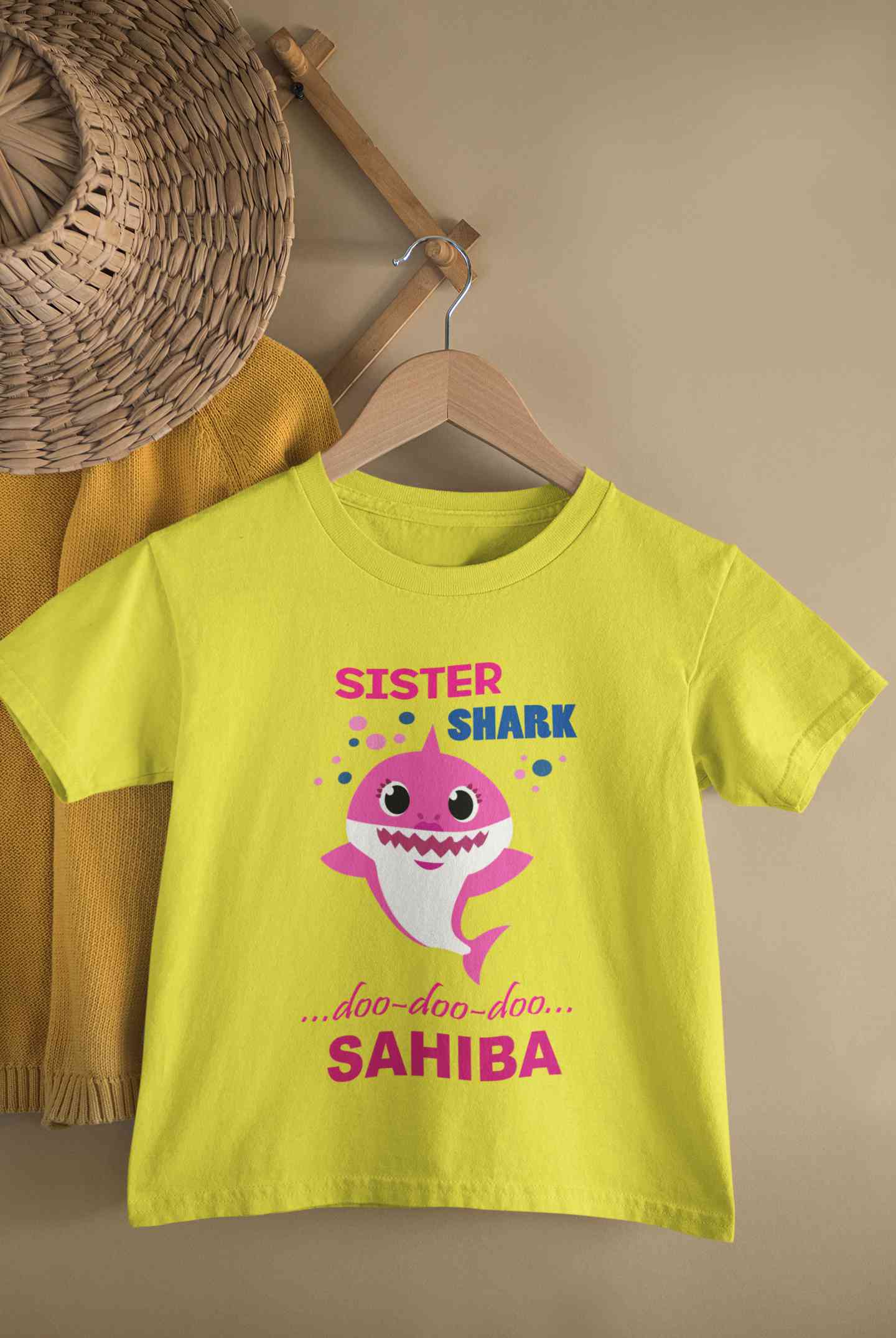 Custom Name Sister Shark Doo Doo Doo Rakhi Half Sleeves T-Shirt For Girls -FunkyTeesClub