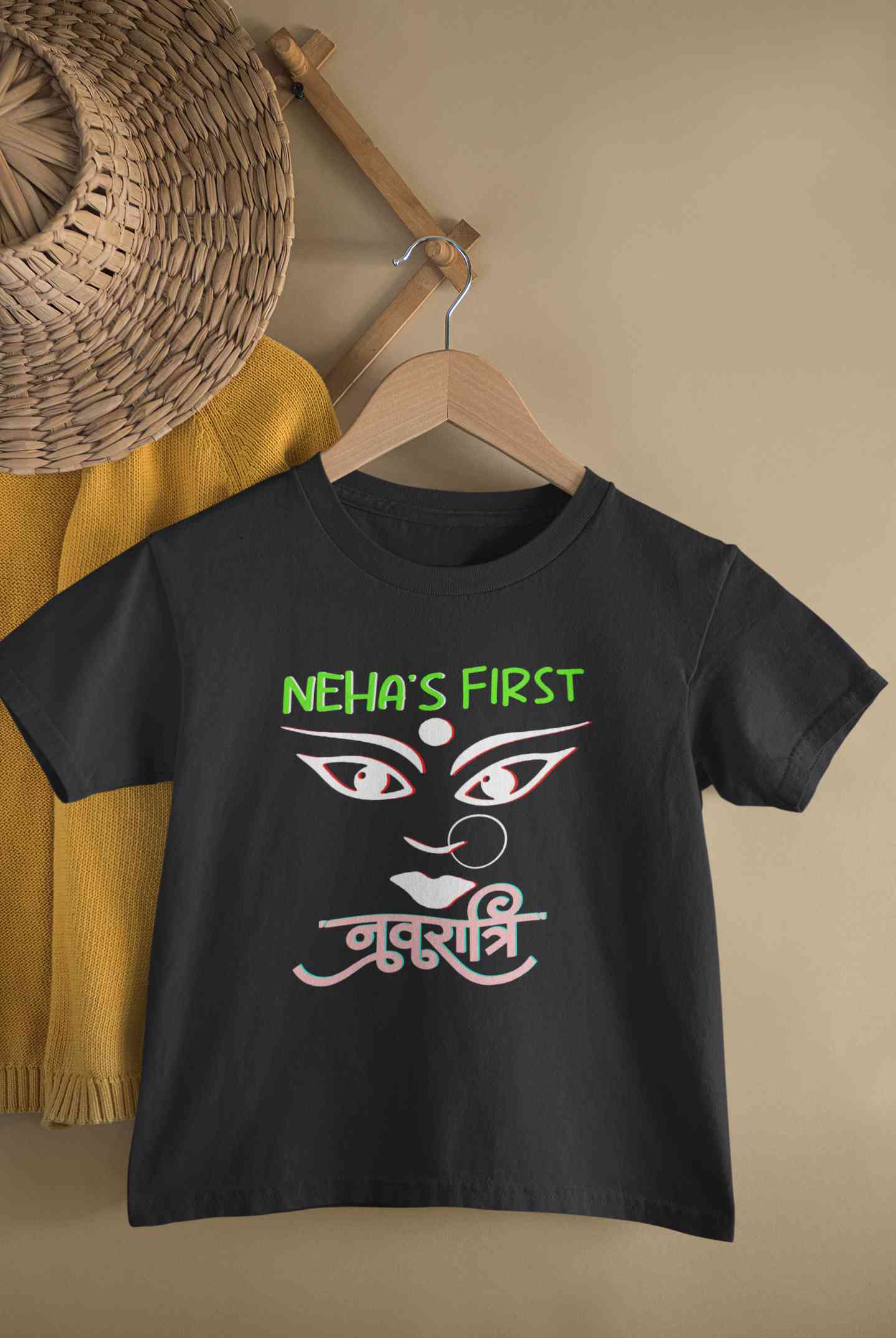 Custom Name First Navratri Durga Pooja Half Sleeves T-Shirt For Girls -FunkyTeesClub