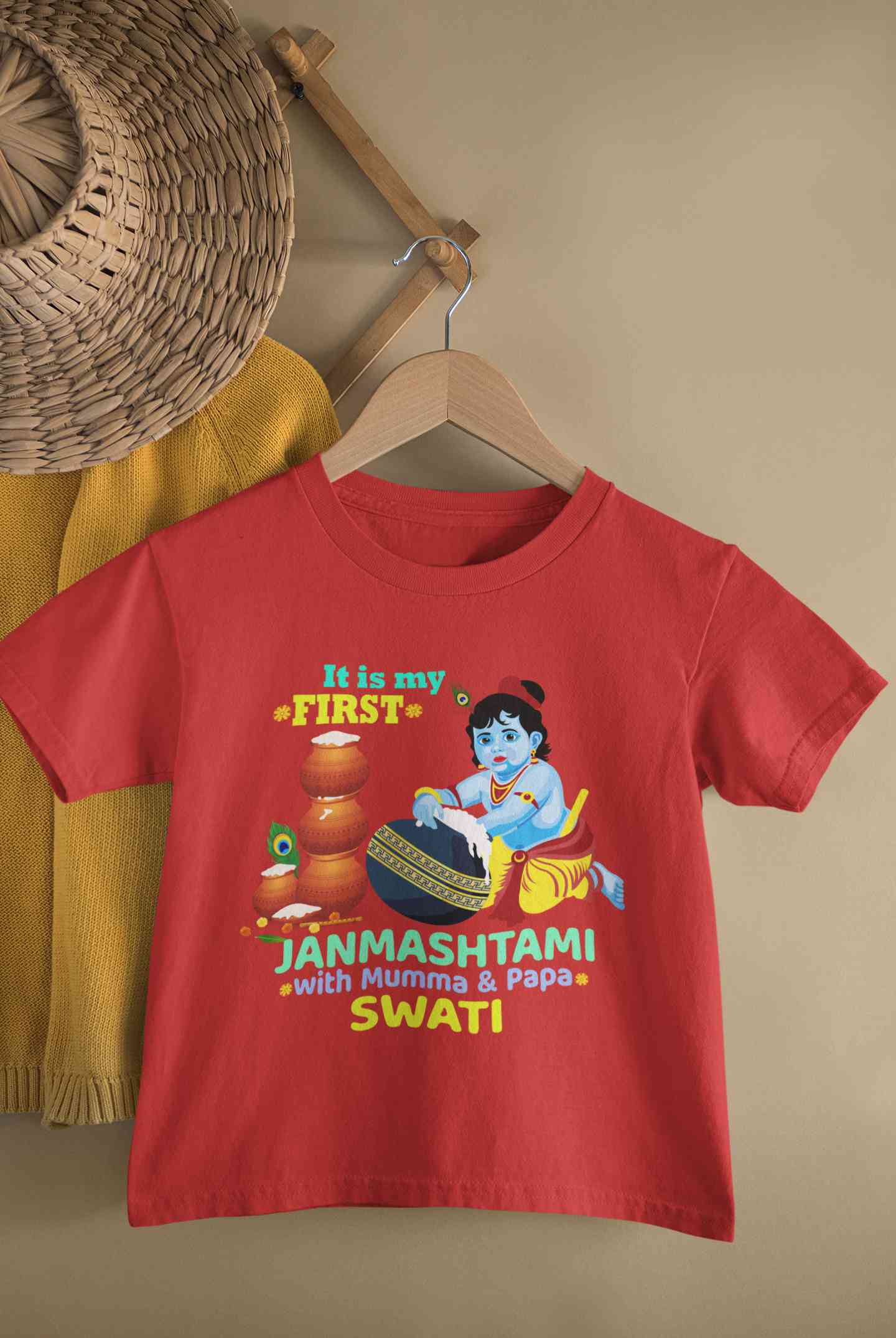 Custom Name First Janmashtami With Mumma Papa Half Sleeves T-Shirt For Girls -FunkyTeesClub