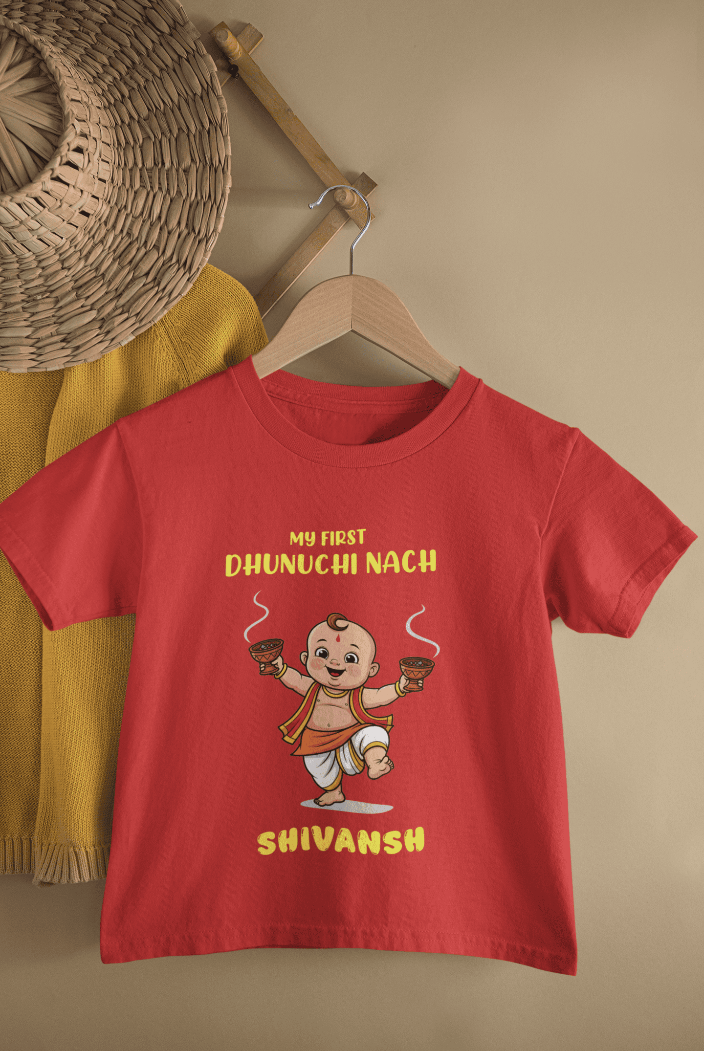 Custom Name My First Dhunuchi Nach Durga Pooja Half Sleeves T-Shirt for Boys -FunkyTeesClub