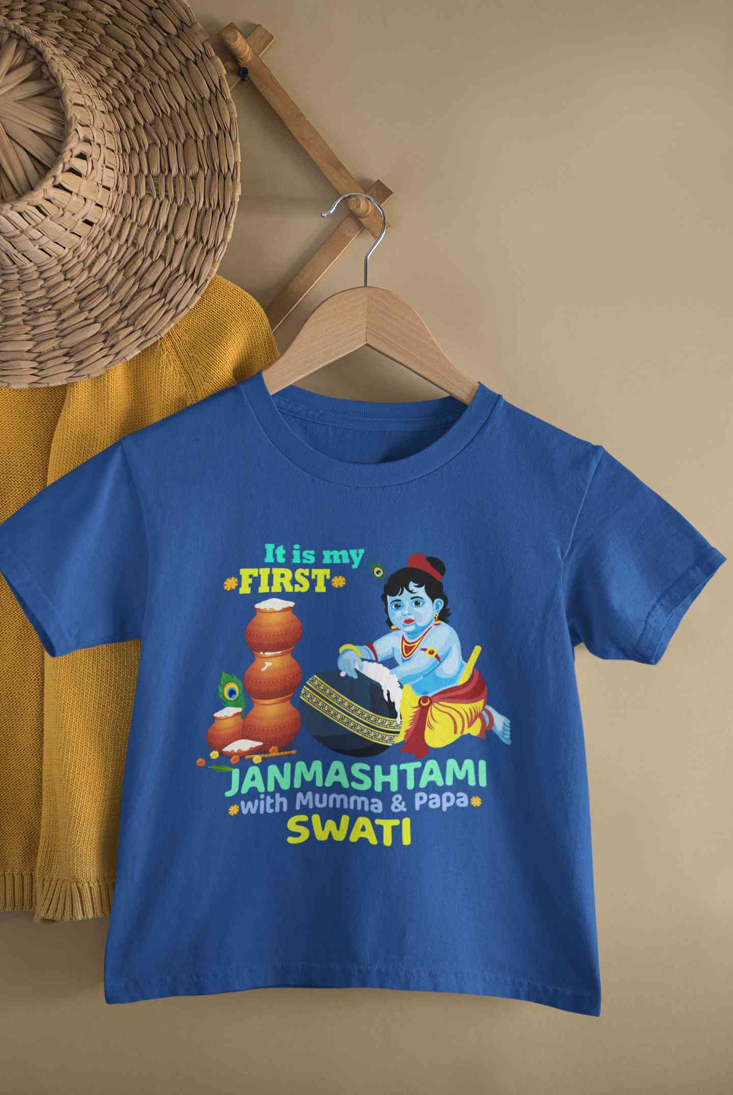 Custom Name First Janmashtami With Mumma Papa Half Sleeves T-Shirt For Girls -FunkyTeesClub