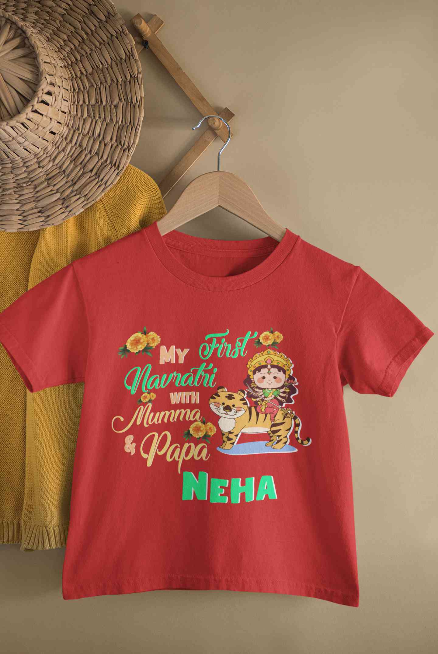 Custom Name My First Navratri With Mumma And Papa Half Sleeves T-Shirt For Girls -FunkyTeesClub
