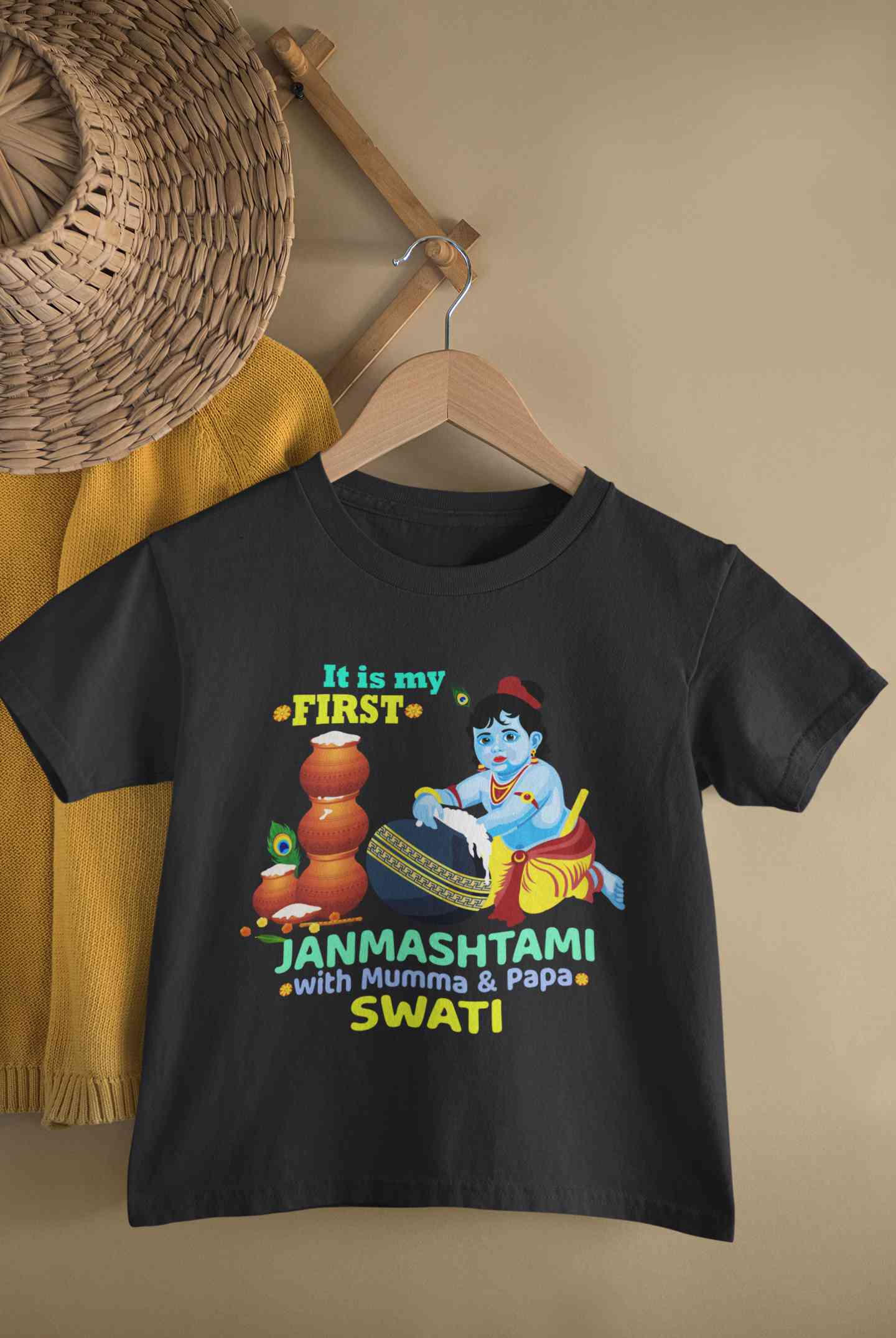 Custom Name First Janmashtami With Mumma Papa Half Sleeves T-Shirt For Girls -FunkyTeesClub