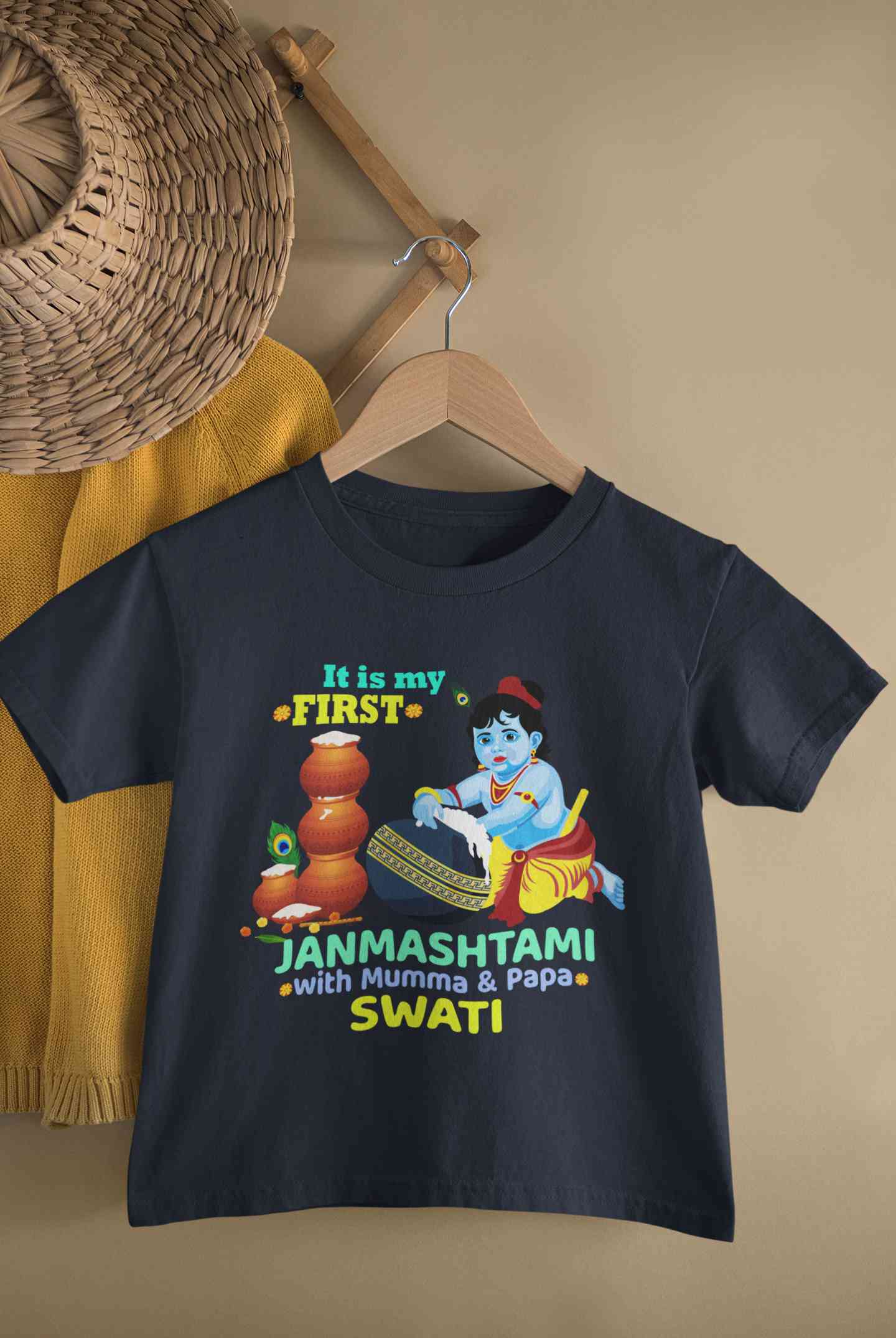 Custom Name First Janmashtami With Mumma Papa Half Sleeves T-Shirt For Girls -FunkyTeesClub