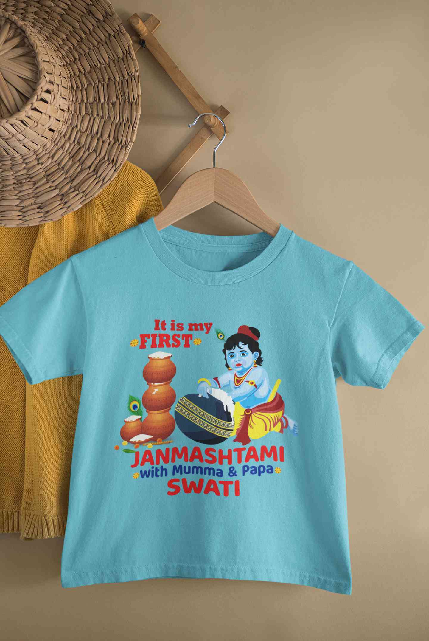 Custom Name First Janmashtami With Mumma Papa Half Sleeves T-Shirt For Girls -FunkyTeesClub
