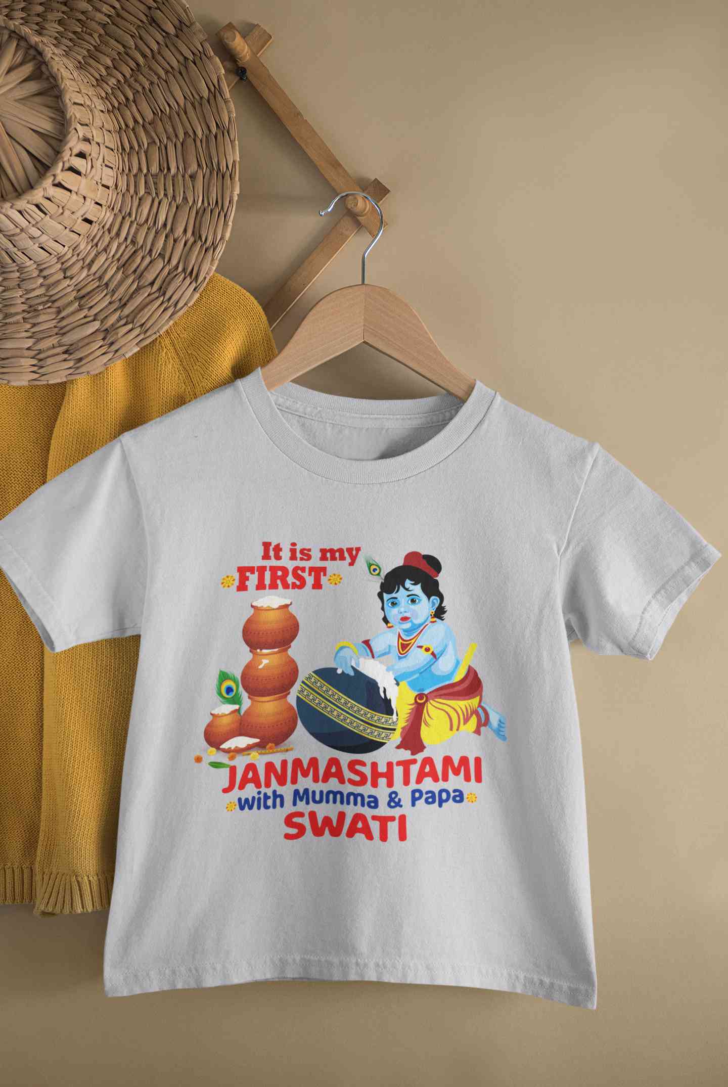 Custom Name First Janmashtami With Mumma Papa Half Sleeves T-Shirt For Girls -FunkyTeesClub