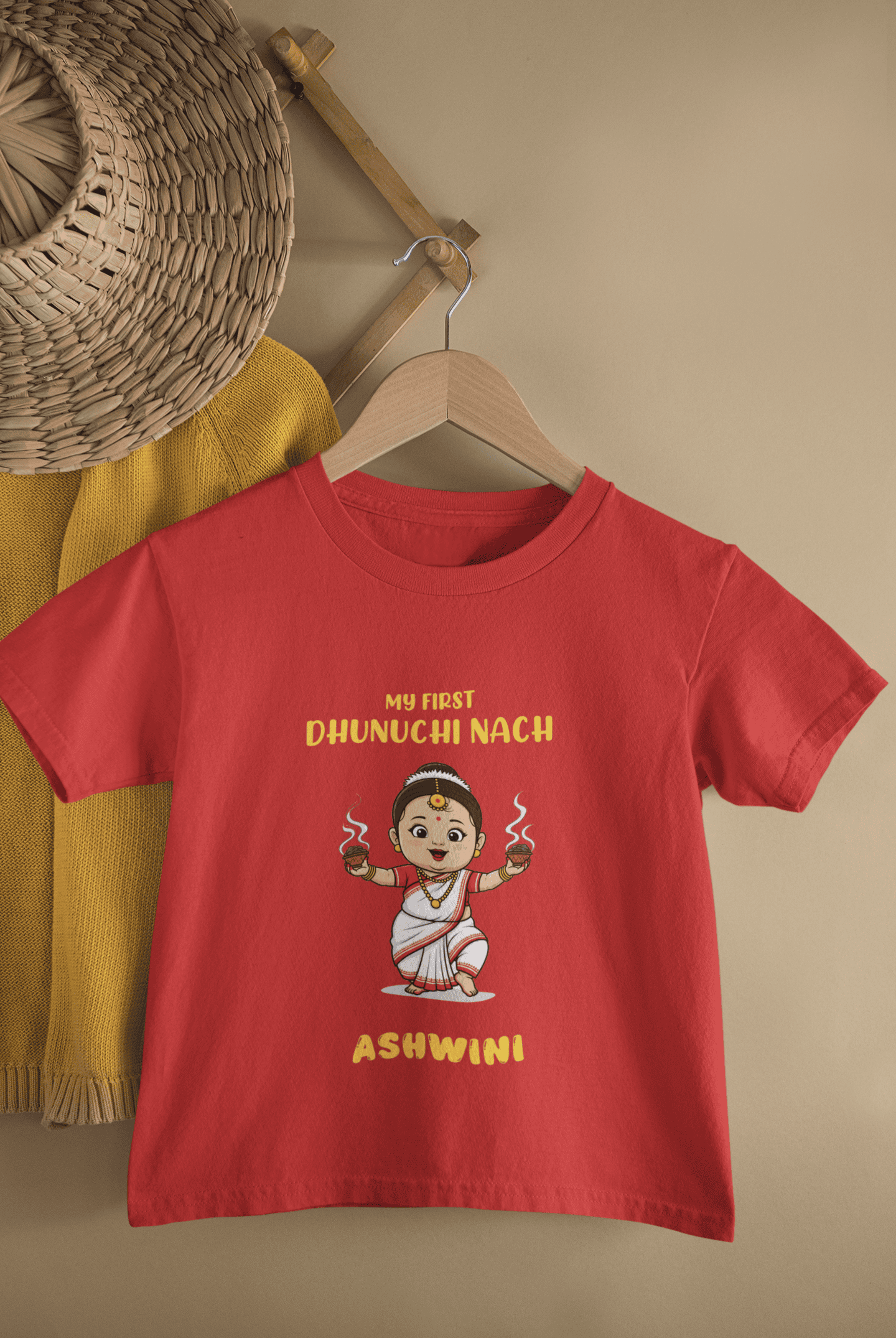 Custom Name My First Dhunuchi Nach Durga Pooja Half Sleeves T-Shirt For Girls -FunkyTeesClub