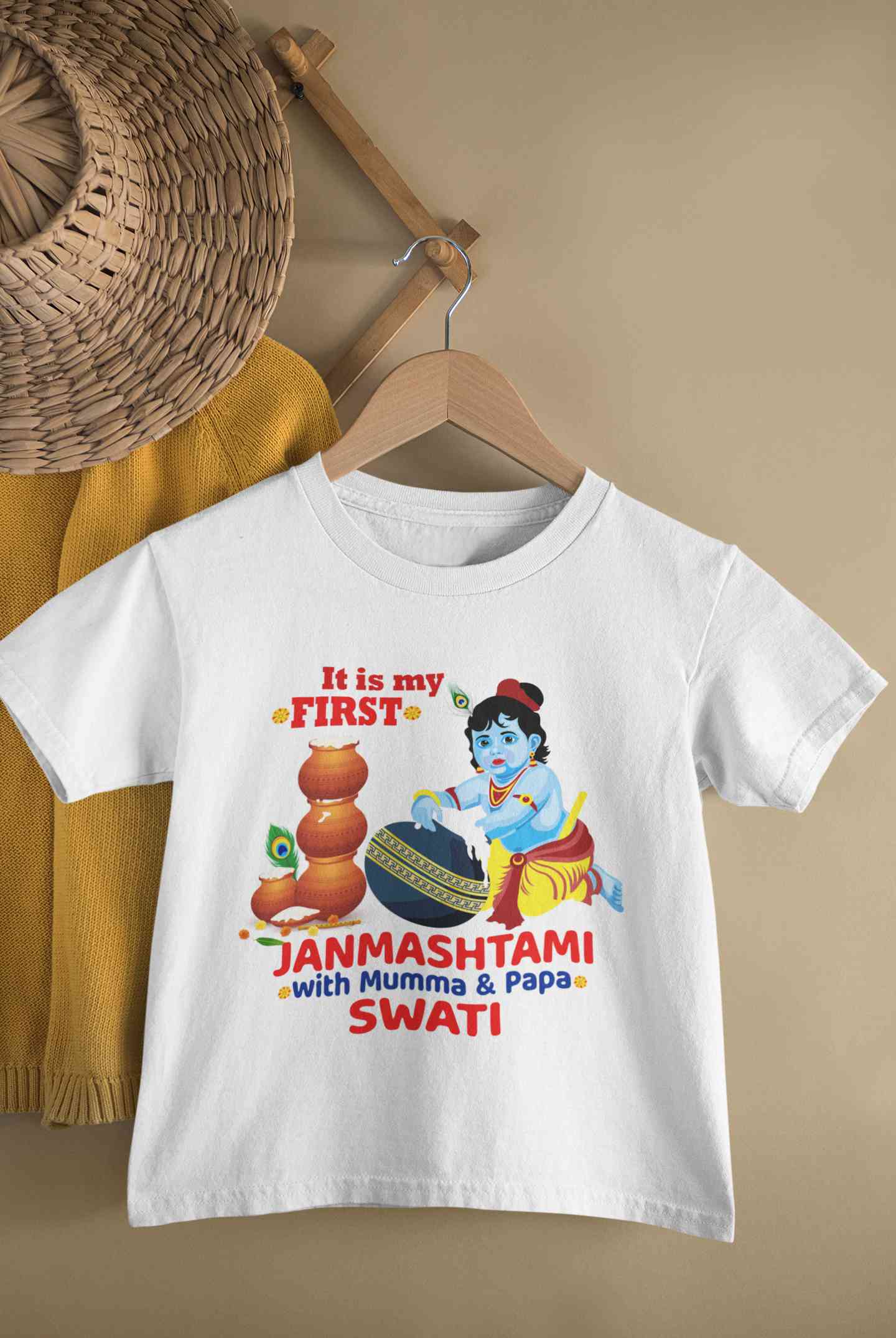 Custom Name First Janmashtami With Mumma Papa Half Sleeves T-Shirt For Girls -FunkyTeesClub