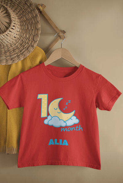 Custom Name One Month Moon Half Sleeves T-Shirt For Girls -FunkyTeesClub