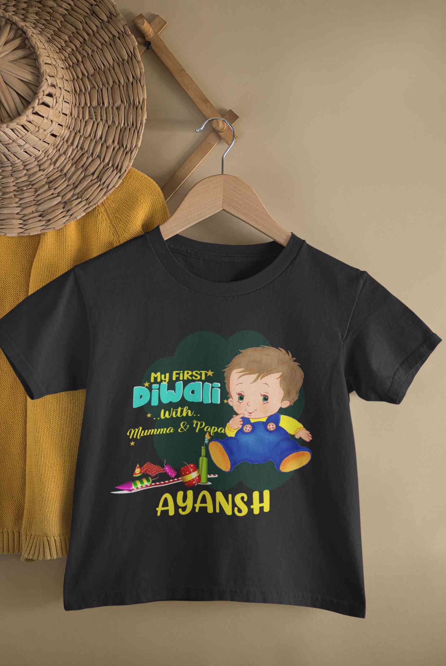 Custom Name My First Diwali With Mumma Papa Half Sleeves T-Shirt for Boy-FunkyTeesClub
