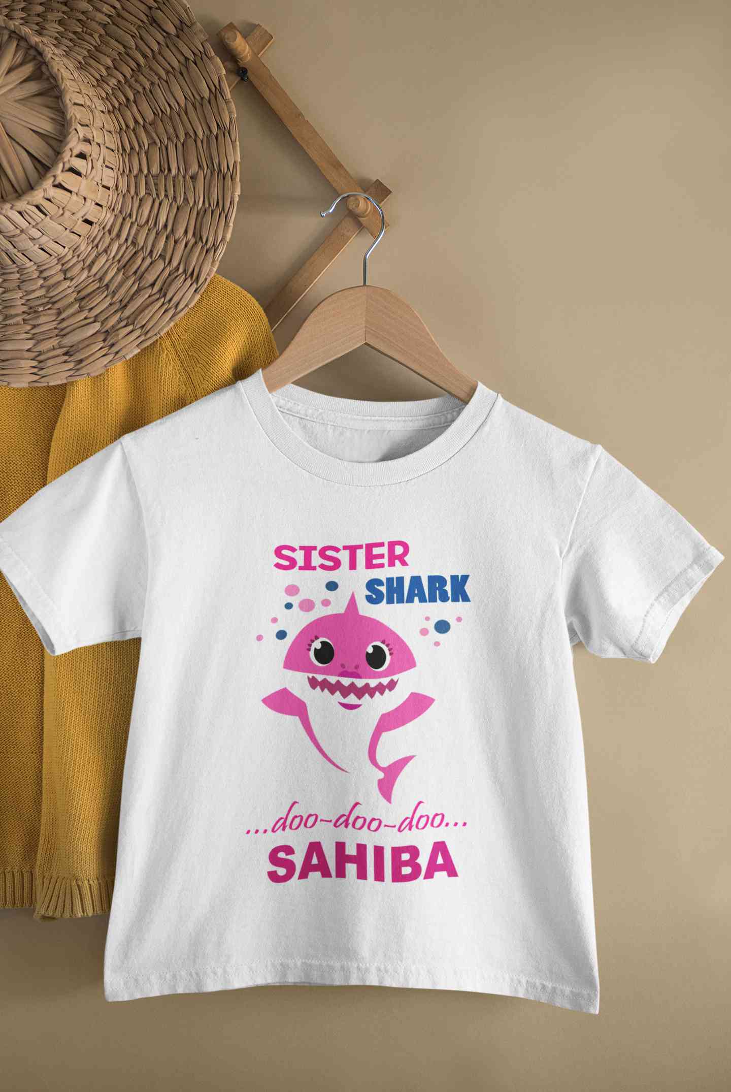 Custom Name Sister Shark Doo Doo Doo Rakhi Half Sleeves T-Shirt For Girls -FunkyTeesClub