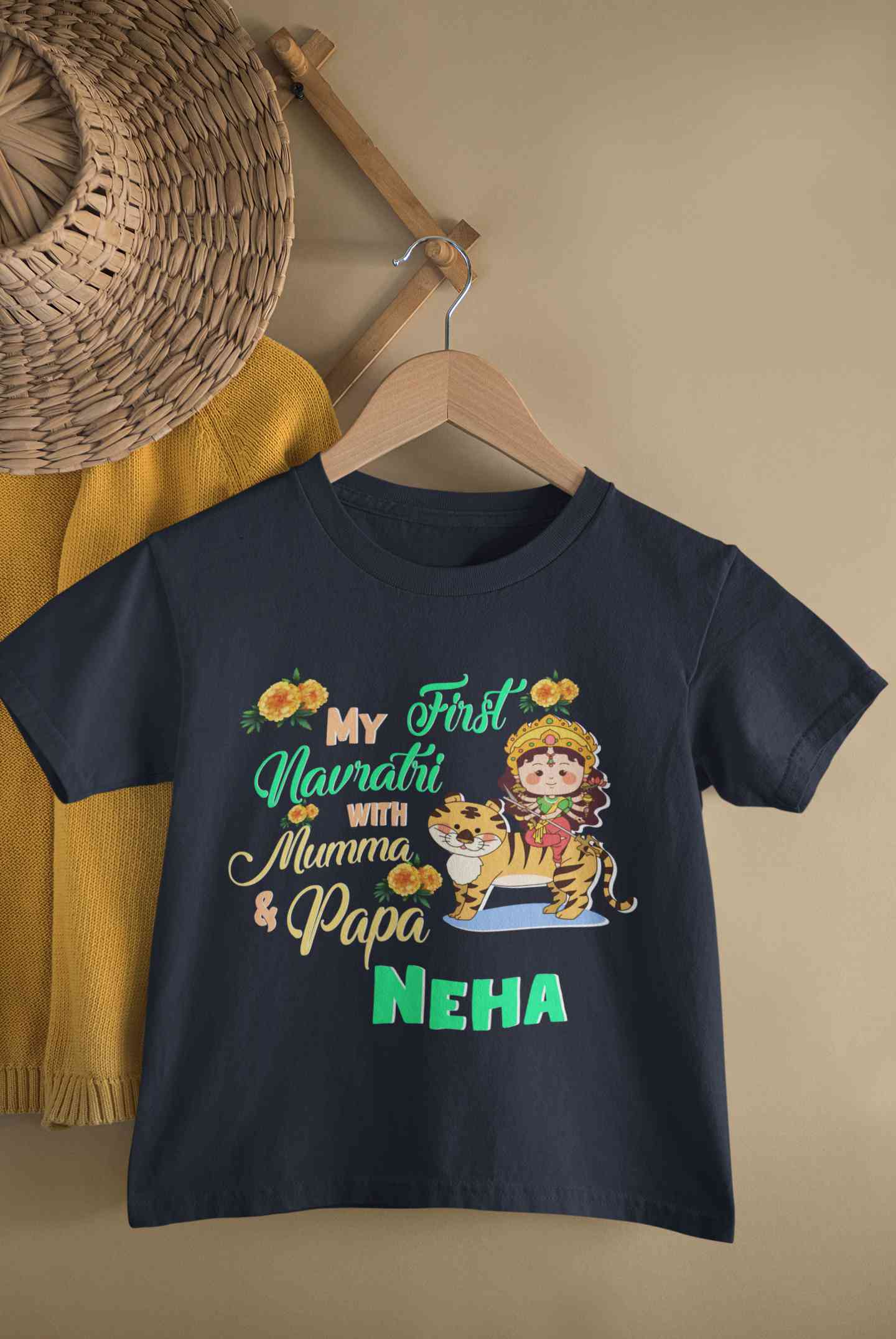 Custom Name My First Navratri With Mumma And Papa Half Sleeves T-Shirt For Girls -FunkyTeesClub