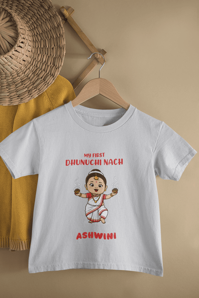 Custom Name My First Dhunuchi Nach Durga Pooja Half Sleeves T-Shirt For Girls -FunkyTeesClub