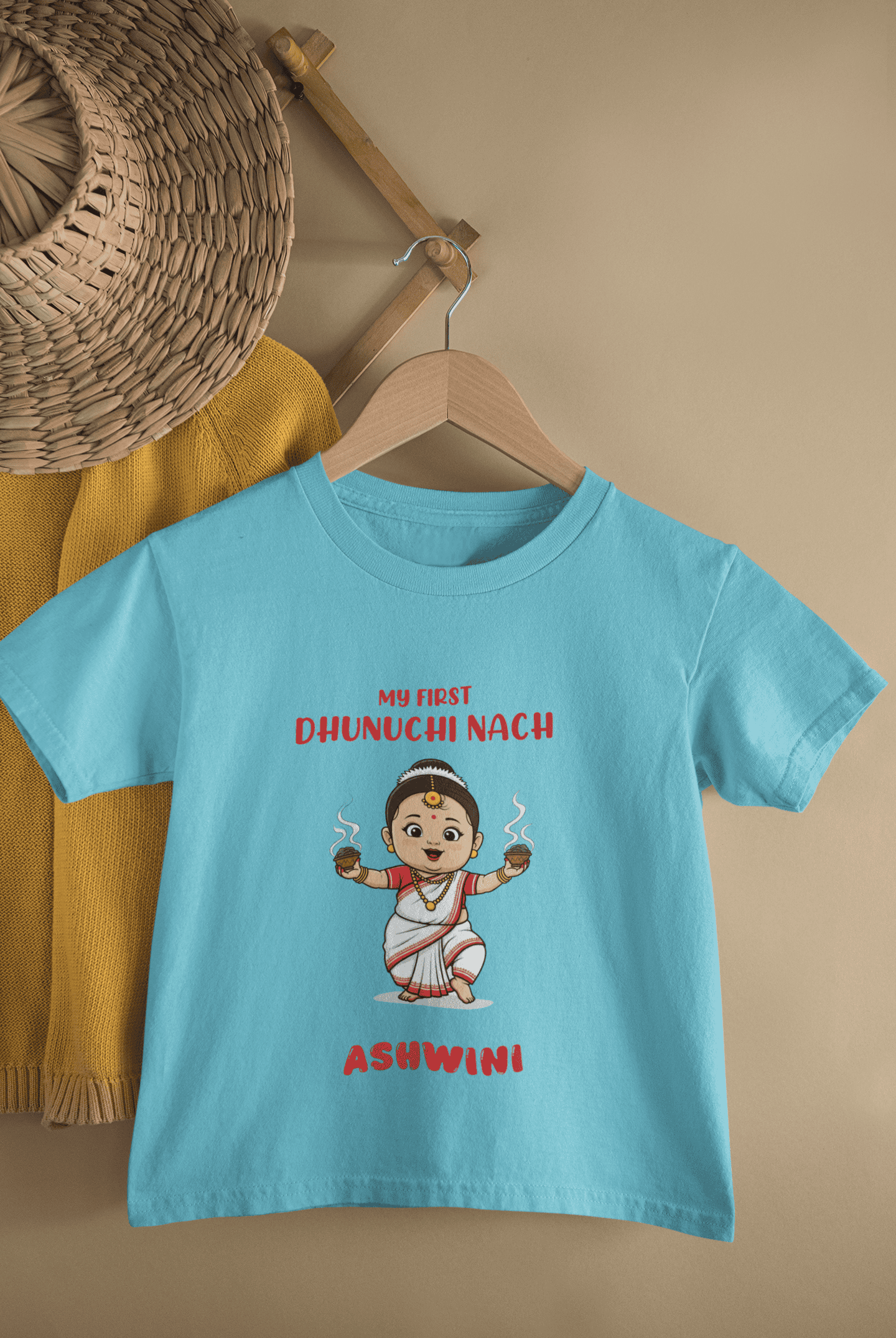 Custom Name My First Dhunuchi Nach Durga Pooja Half Sleeves T-Shirt For Girls -FunkyTeesClub