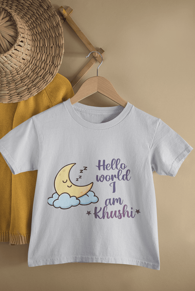 Custom Name Hello World New Born Half Sleeves T-Shirt For Girls -FunkyTeesClub