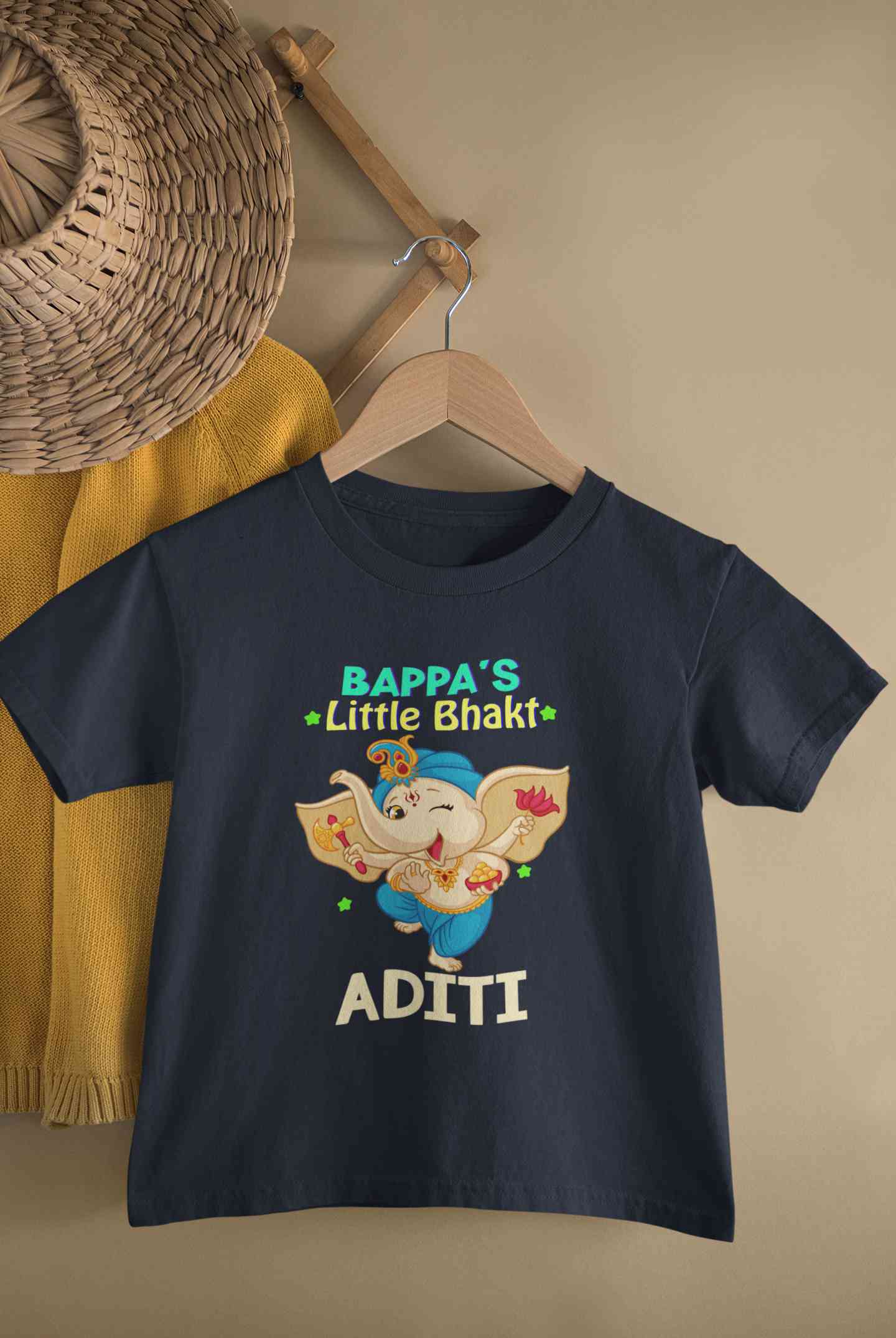 Custom Name Little Bappa Bhakt Ganesh Chaturthi Half Sleeves T-Shirt For Girls -FunkyTeesClub
