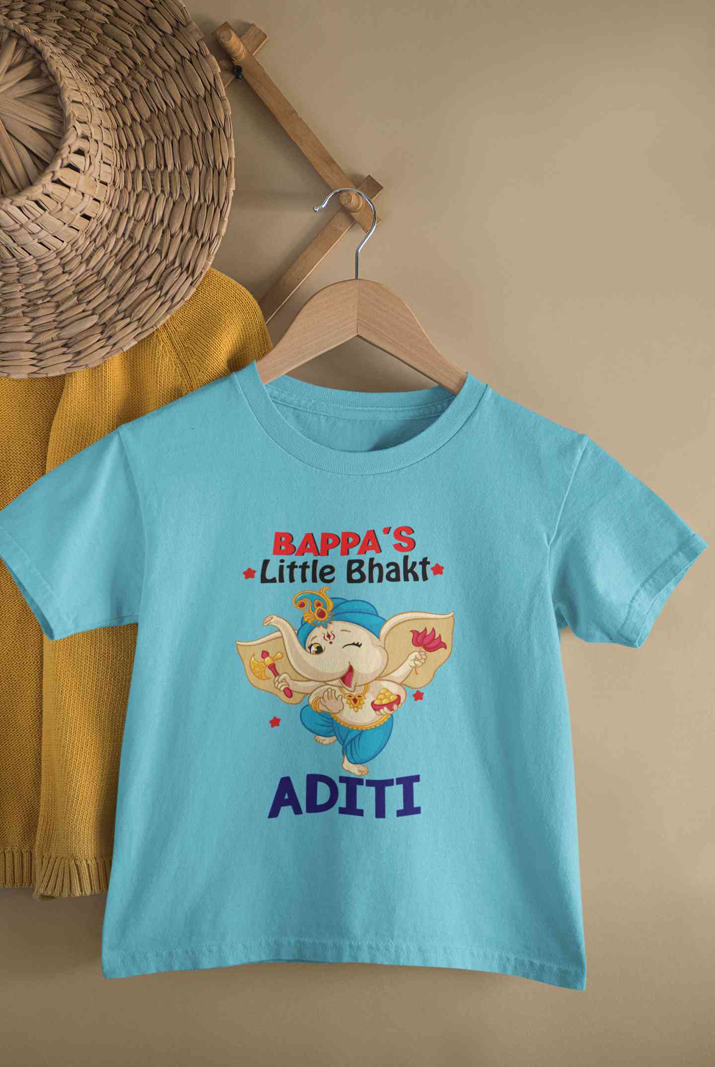 Custom Name Little Bappa Bhakt Ganesh Chaturthi Half Sleeves T-Shirt For Girls -FunkyTeesClub