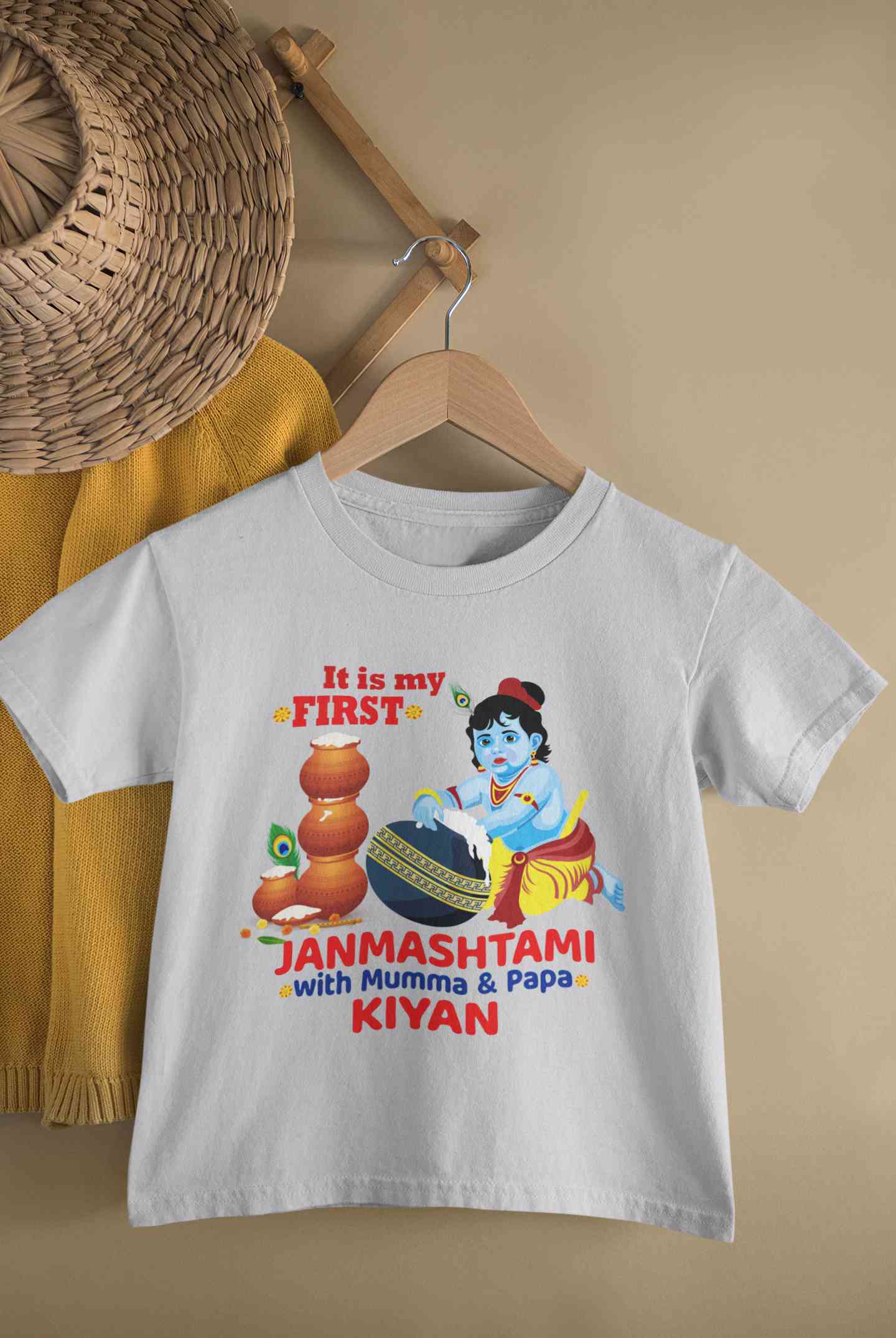 Custom Name First Janmashtami With Mumma Papa Half Sleeves T-Shirt for Boy-FunkyTeesClub