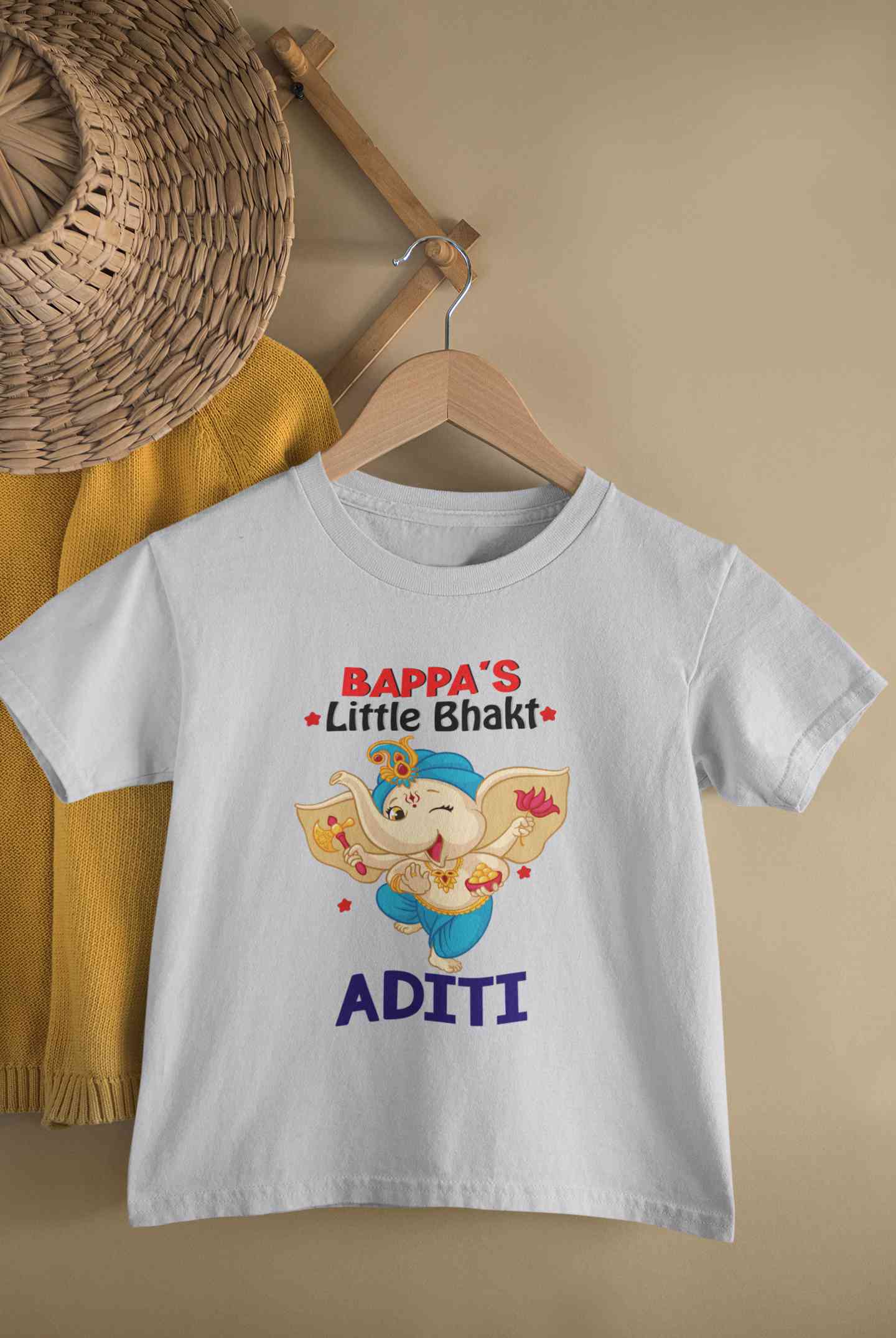Custom Name Little Bappa Bhakt Ganesh Chaturthi Half Sleeves T-Shirt For Girls -FunkyTeesClub