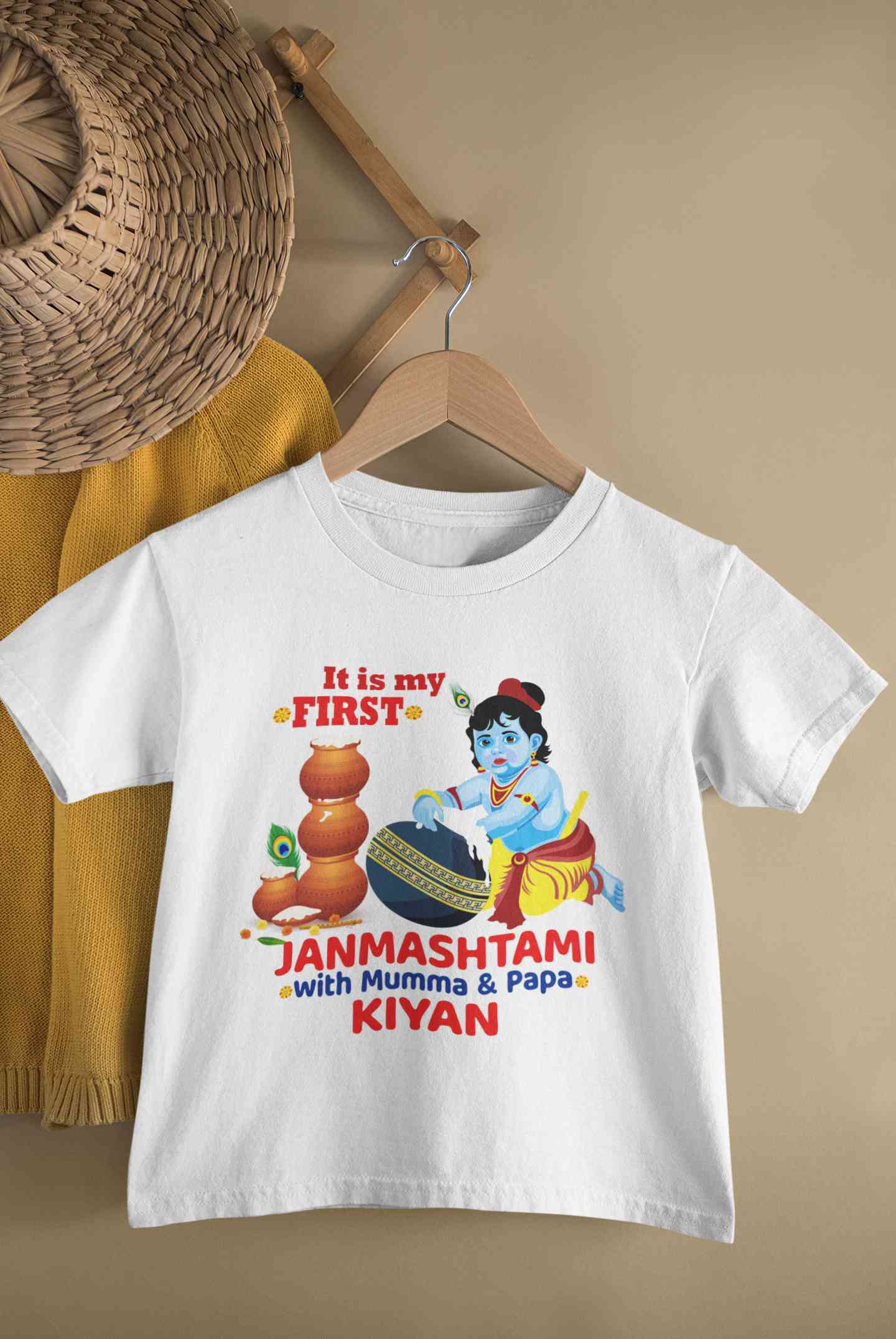 Custom Name First Janmashtami With Mumma Papa Half Sleeves T-Shirt for Boy-FunkyTeesClub