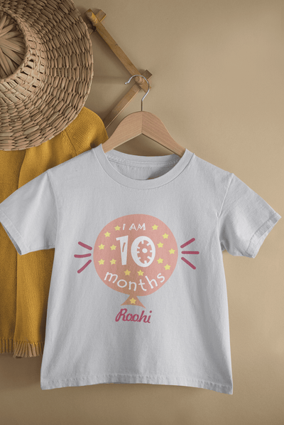 Custom Name Ten Month Baloon Half Sleeves T-Shirt For Girls -FunkyTeesClub