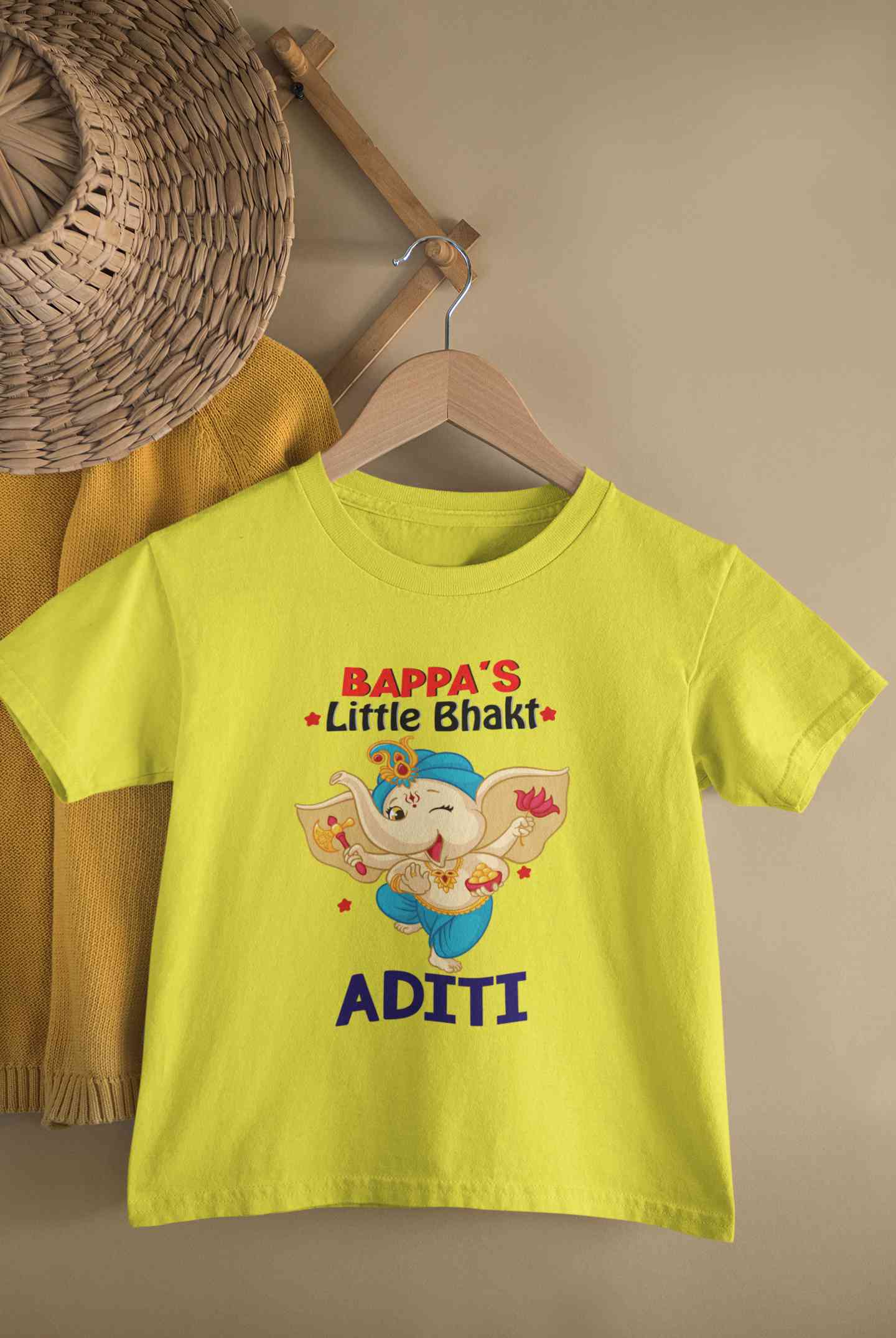 Custom Name Little Bappa Bhakt Ganesh Chaturthi Half Sleeves T-Shirt For Girls -FunkyTeesClub