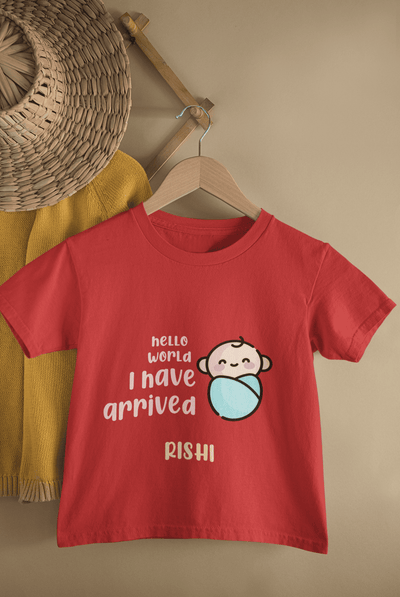 Custom Name Hello World I Have Arrived New Born Half Sleeves T-Shirt for Boys -FunkyTeesClub