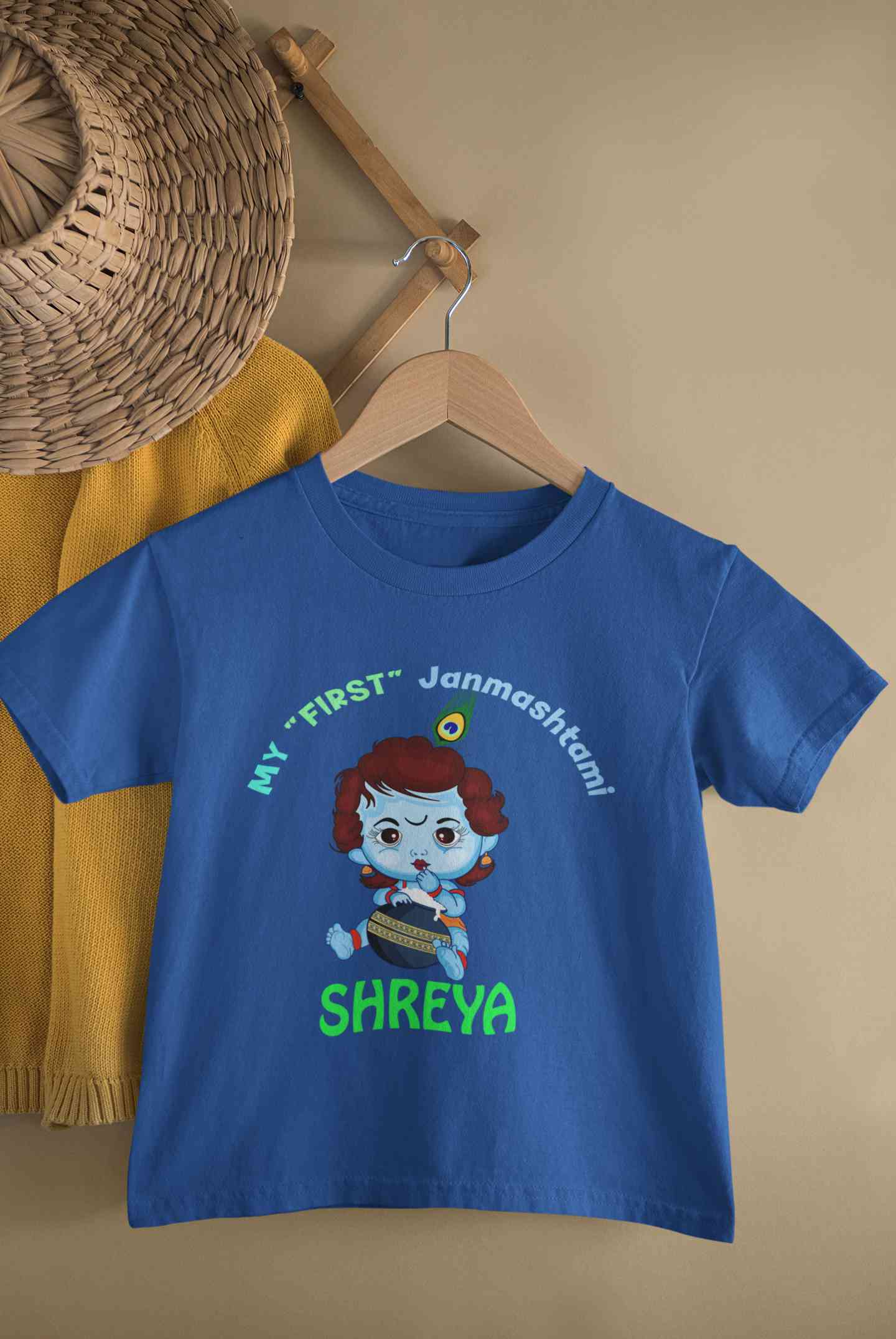 Custom Name First Janmashtami Half Sleeves T-Shirt For Girls -FunkyTeesClub