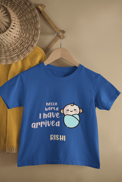 Custom Name Hello World I Have Arrived New Born Half Sleeves T-Shirt for Boys -FunkyTeesClub