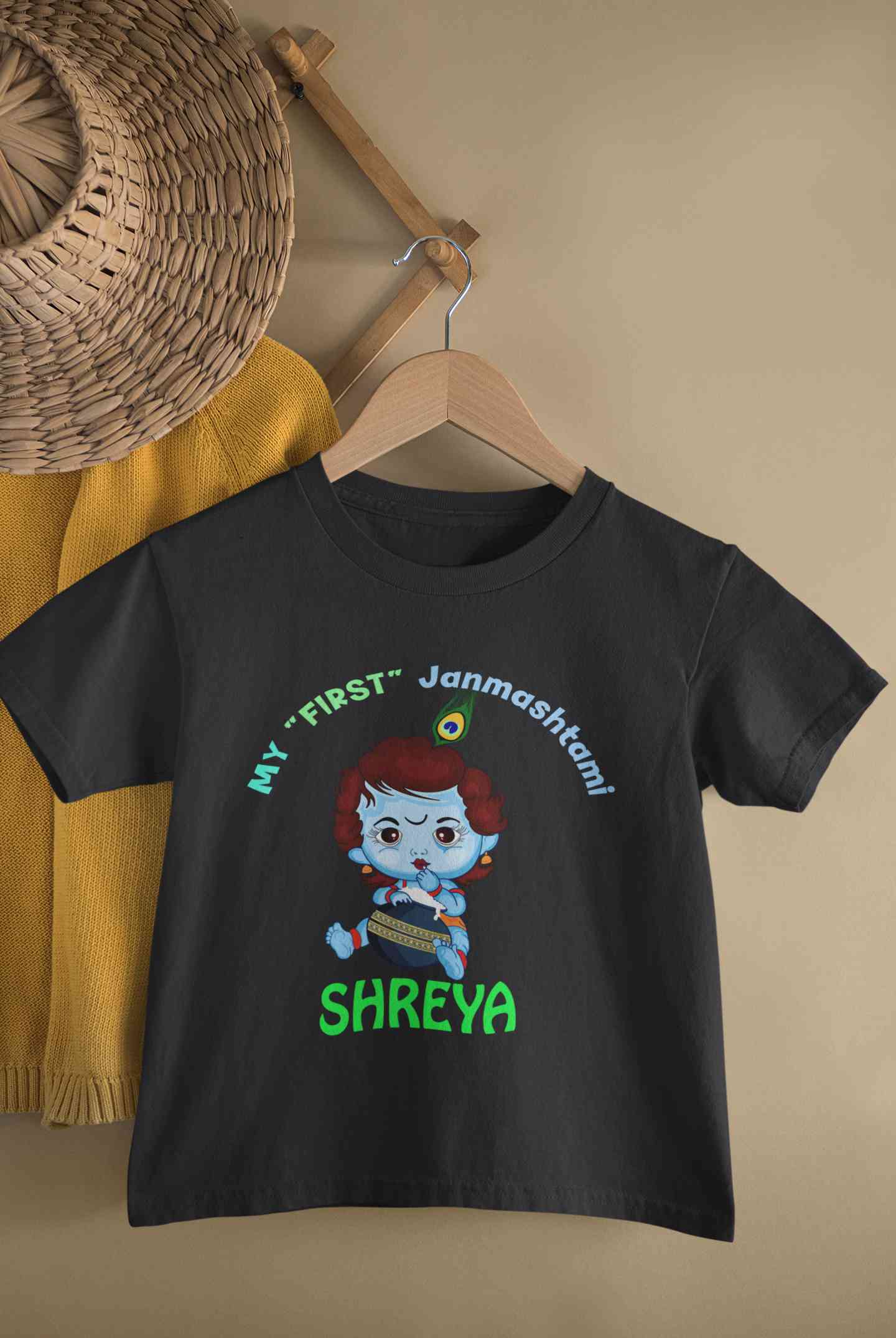 Custom Name First Janmashtami Half Sleeves T-Shirt For Girls -FunkyTeesClub