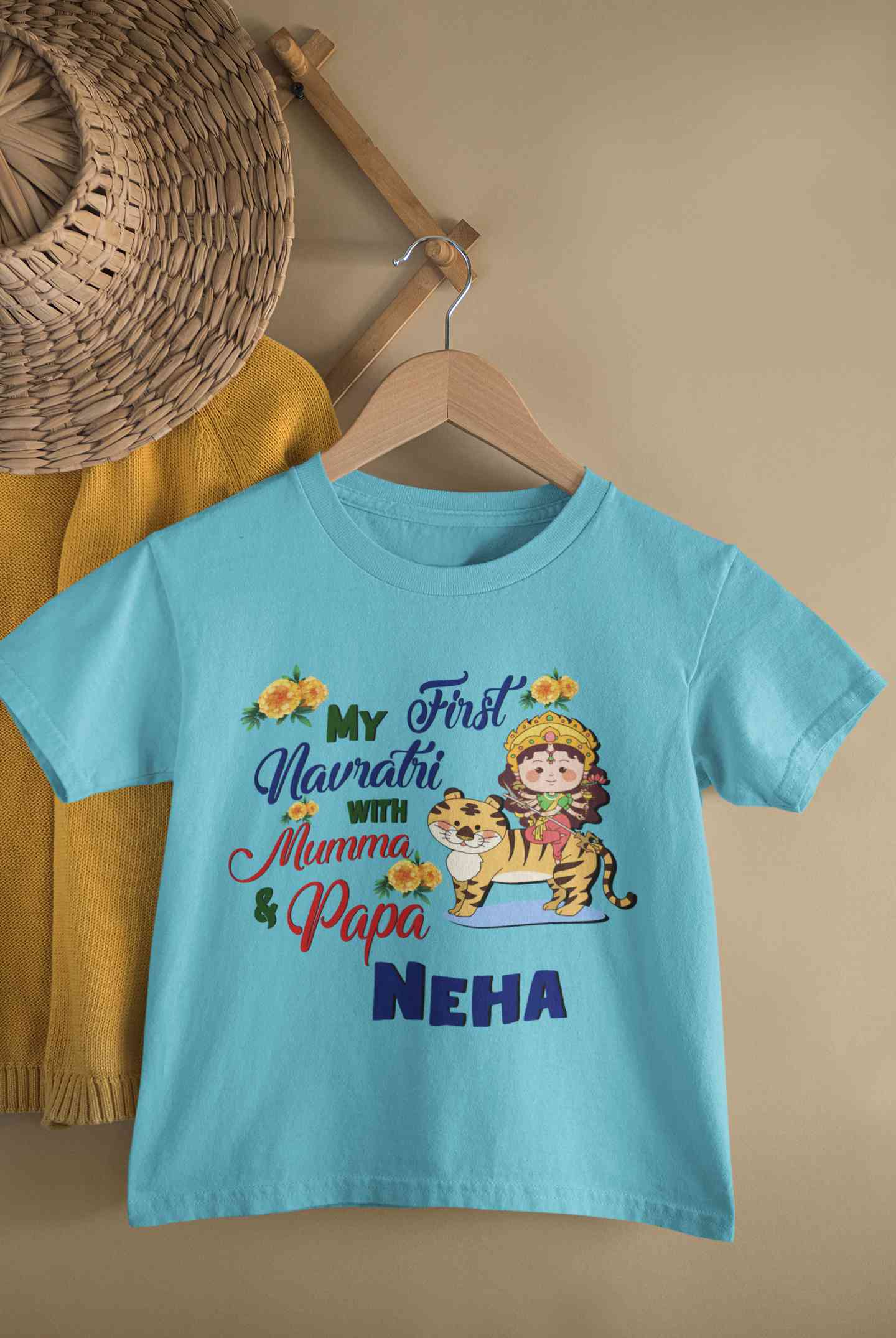 Custom Name My First Navratri With Mumma And Papa Half Sleeves T-Shirt For Girls -FunkyTeesClub