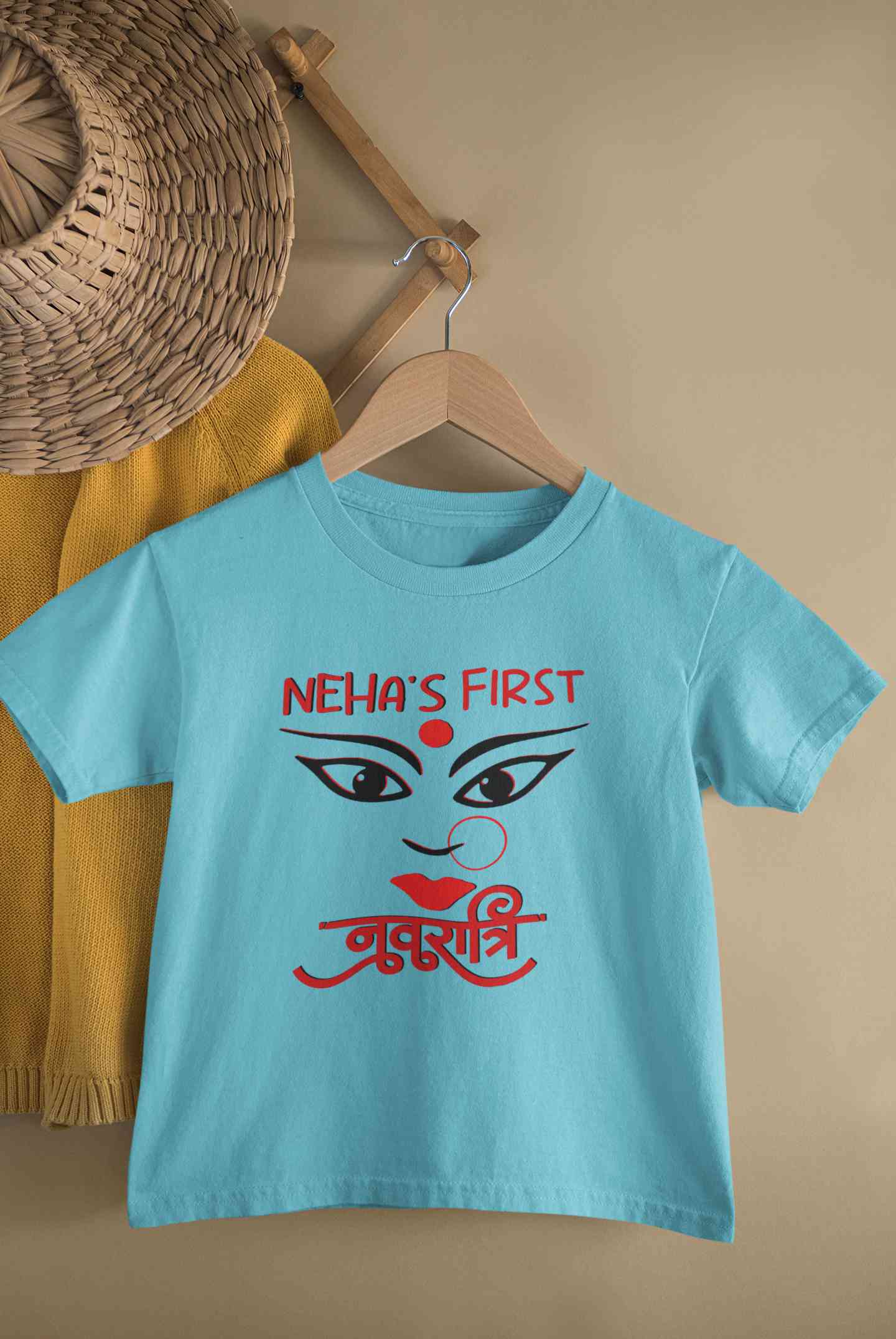 Custom Name First Navratri Durga Pooja Half Sleeves T-Shirt For Girls -FunkyTeesClub