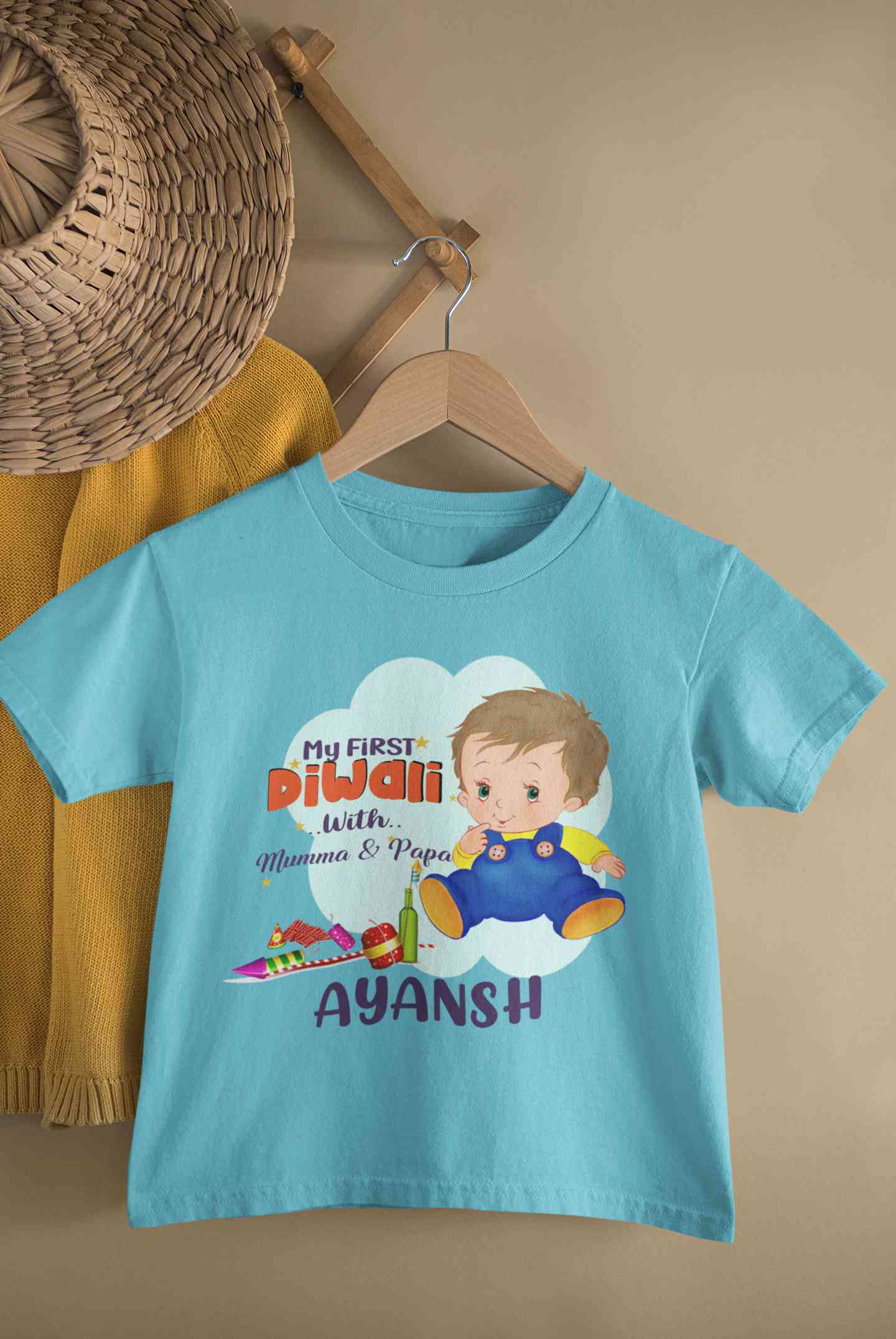 Custom Name My First Diwali With Mumma Papa Half Sleeves T-Shirt for Boy-FunkyTeesClub