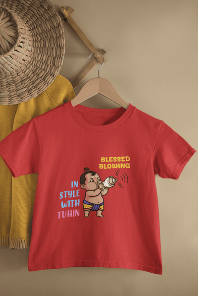 Blessed Blowing Durga Pooja Half Sleeves T-Shirt for Boys -FunkyTeesClub