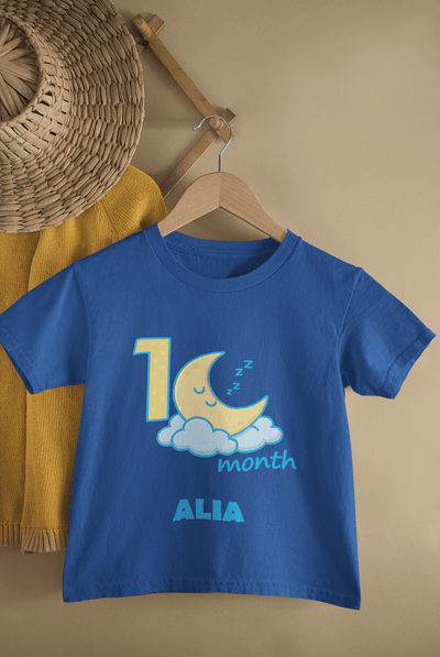 Custom Name One Month Moon Half Sleeves T-Shirt For Girls -FunkyTeesClub