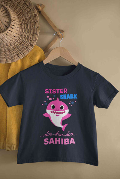 Custom Name Sister Shark Doo Doo Doo Rakhi Half Sleeves T-Shirt For Girls -FunkyTeesClub