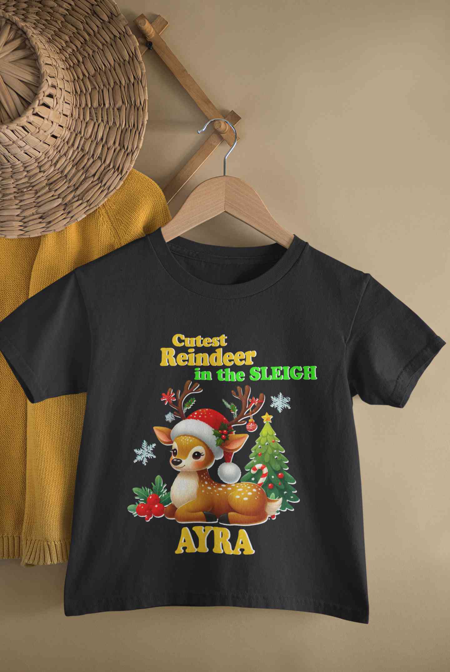 Custom Name Cutest Reindeer In The Sleigh Christmas Half Sleeves T-Shirt For Girls -FunkyTeesClub