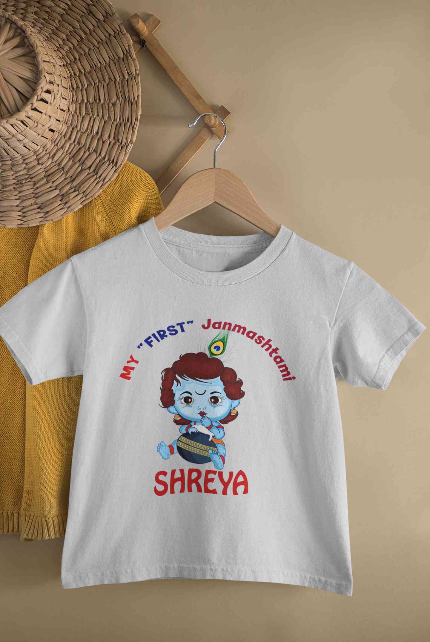 Custom Name First Janmashtami Half Sleeves T-Shirt For Girls -FunkyTeesClub