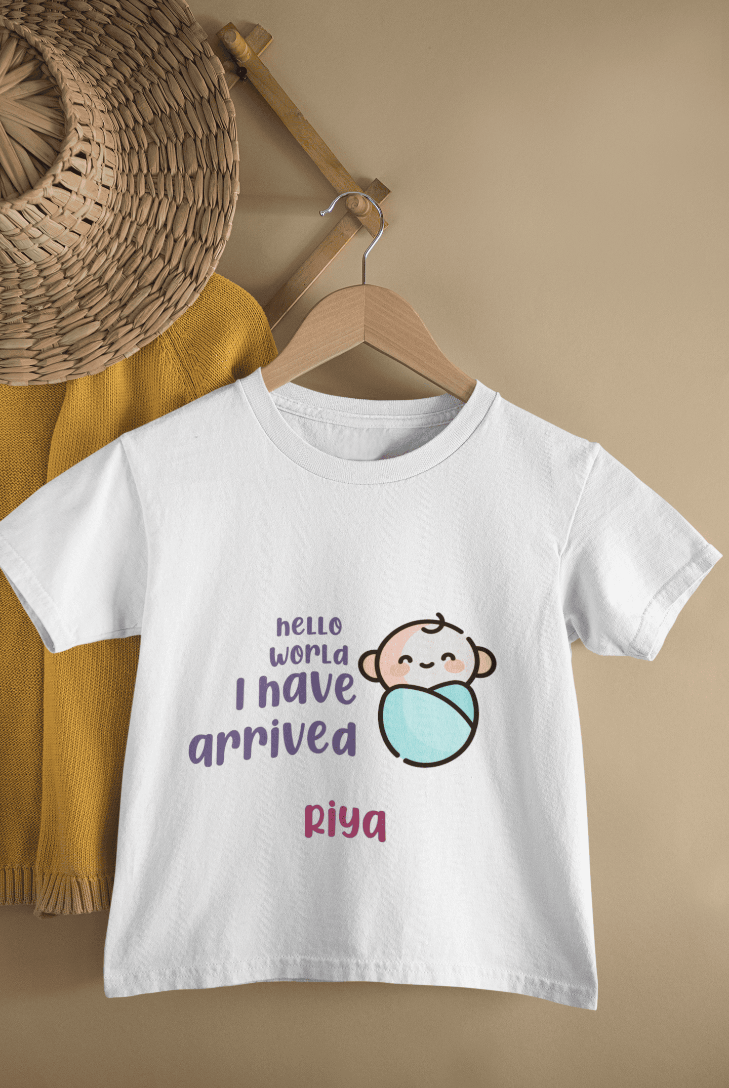 Custom Name Hello World I Have Arrived New Born Half Sleeves T-Shirt For Girls -FunkyTeesClub