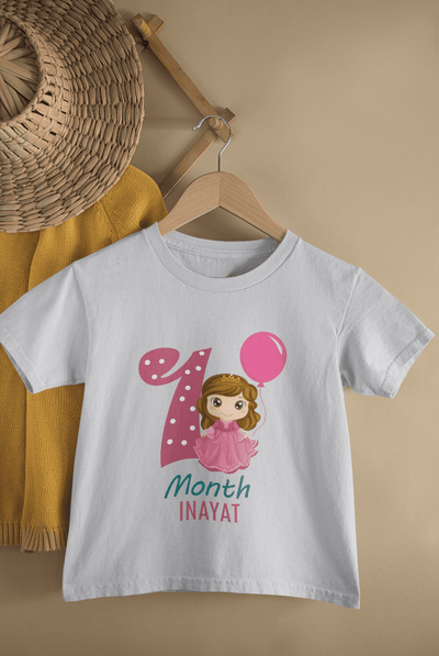 Custom Name One Month Princess Birthday Half Sleeves T-Shirt For Girls -FunkyTeesClub