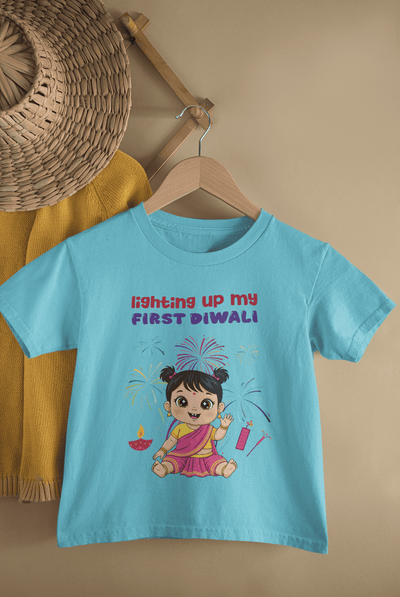 Lighting Up My First Diwali Half Sleeves T-Shirt For Girls -FunkyTeesClub
