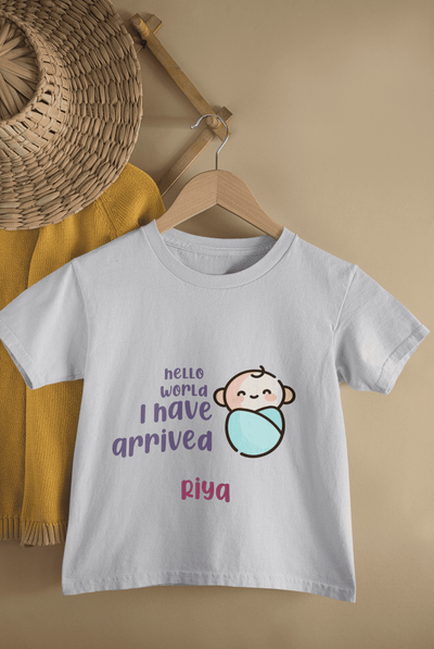 Custom Name Hello World I Have Arrived New Born Half Sleeves T-Shirt For Girls -FunkyTeesClub