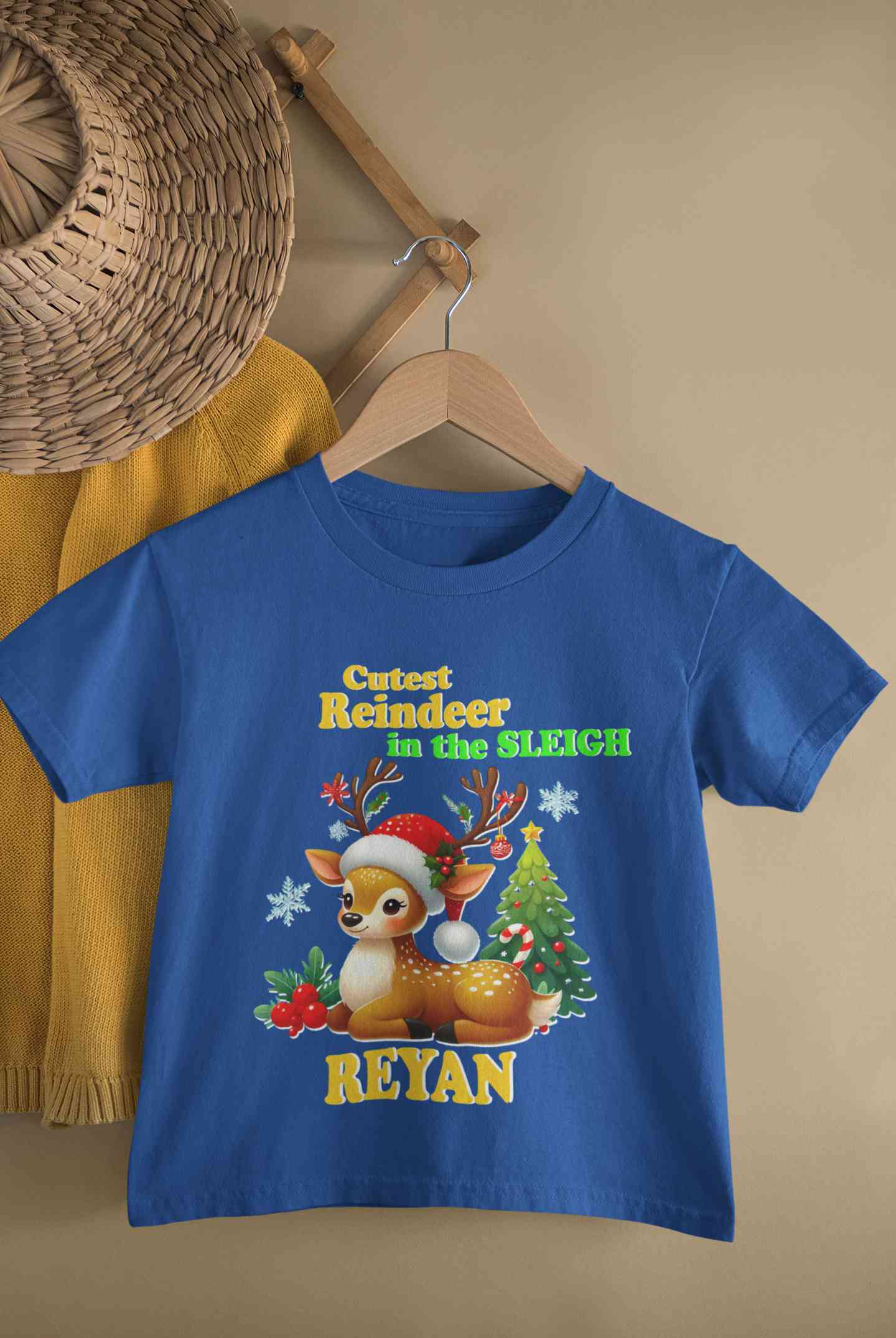 Custom Name Cutest Reindeer In The Sleigh Christmas Half Sleeves T-Shirt for Boy-FunkyTeesClub