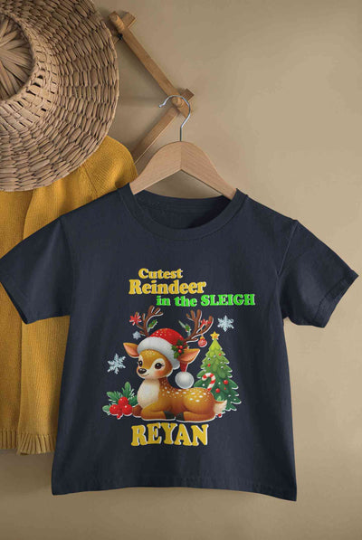 Custom Name Cutest Reindeer In The Sleigh Christmas Half Sleeves T-Shirt for Boy-FunkyTeesClub