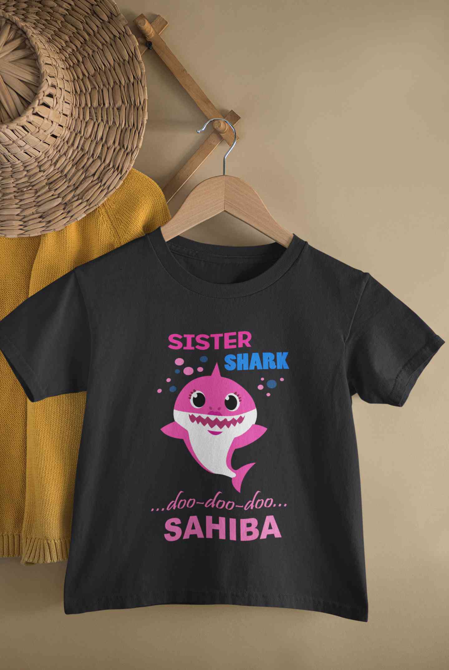 Custom Name Sister Shark Doo Doo Doo Rakhi Half Sleeves T-Shirt For Girls -FunkyTeesClub