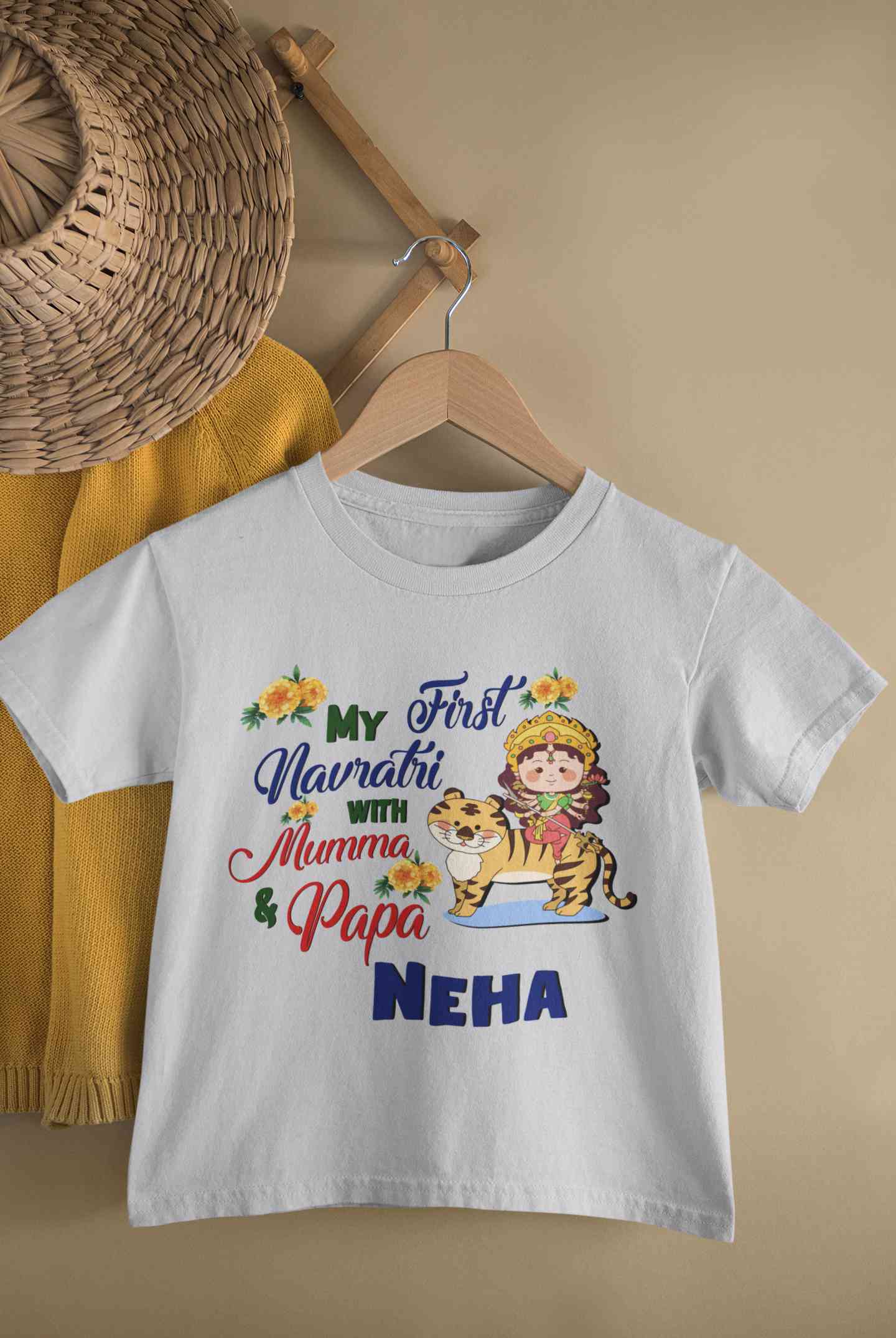 Custom Name My First Navratri With Mumma And Papa Half Sleeves T-Shirt For Girls -FunkyTeesClub